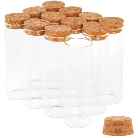 12PCS 50ml Glass Test Tubes with Cork Stoppers, 30 x 100mm Liquid Sample Vial, Clear Flat Test Tubes for Bath Salt, Candy Storage, Scientific Experiments, Party Decoration and Plant Propagation