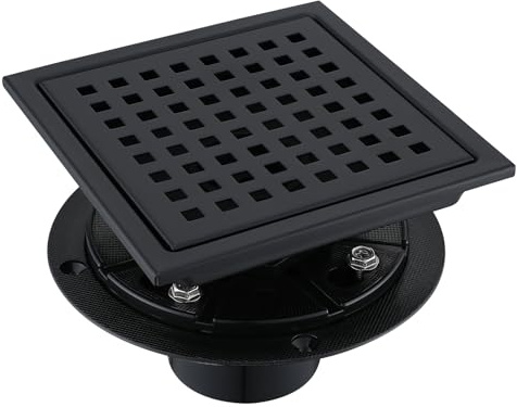 TRJIKAG 4 Inch Square Shower Floor Drain, Stainless Steel Black Shower Drain Kit with Flange, Floor Drain with Removable Grid Cover,Matte Black