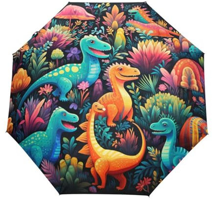 KAAVIYO Magenta Bunte Dinosaurier Regenschirm Auf-Zu Automatik Taschenschirm Winddichter Umbrella Klein Leicht Schirm Kompakt Schirme für Jungen Mädchen Reise Strand Frauen