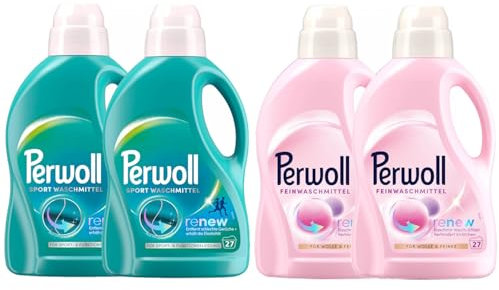 PERWOLL Flüssig-Set 4x 27 Waschladungen (108WL) 2x Für Wolle & Feines & 2x Sport, Feinwaschmittel glättet und erneuert Fasern & Hygiene Waschmittel reinigt sanft, entfernt schlechte Gerüche