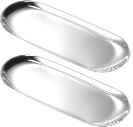 2 Stück Silber Deko Tablett, Ovales Serviertablett, Edelstahl Dekoteller, Metall Ablageschale für Dessert, Schmuck, Kerzen, Kosmetik