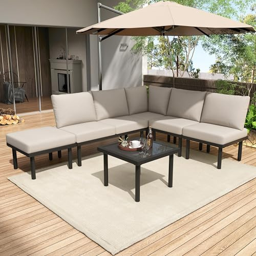 Merax Gartenmöbel Set mit 6 Sitzplätze, Outdoor Sitzgruppe mit Glas Couchtisch, Terrassenmöbel mit abnehmbar und waschbar Kissen für Garten, Terrasse, Gartenlounge Set, Beige