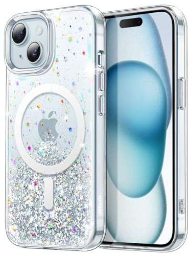 JETech Magnetische Glitzer Hülle für iPhone 15, Durchsichtig | Kompatibel mit MagSafe, Glitzerndes Design, Stoßschutz, Süßer Look für Frauen und Mädchen
