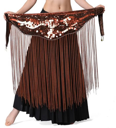 HEARTTOUCH Damen Bauchtanz Hüfttuch Rock mit Fransen Wickelgürtel Hoch Taille Rumba Chacha Quaste Tanzrock Meerjungfrau Quastenrock Hüftschal Karneval Tanzbekleidung (Braun,One Size)