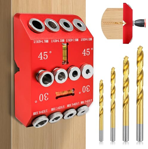 Plantilla de guía de taladro angular portátil con nivel y 4 brocas para taladrar agujeros en ángulo de 30°, 45°, 90°, plantilla de metal para postes de madera, escaleras, barandilla de cable, diseño