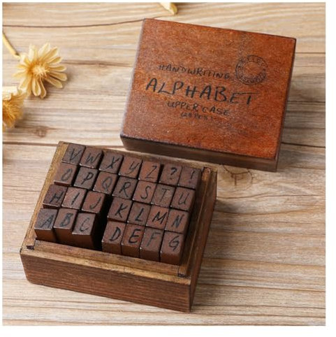 Wisafory Alphabet Stempel Set Alphabet Buchstaben Briefmarken Vintage Holzstempel Anzahl Briefmarken Zahlen Stempel mit Aufbewahrungs Box für DIY Kunst Handwerk Drucken Kartenherstellung H-28 Stück