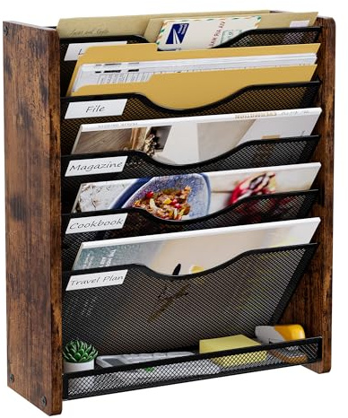 PAG-Mass 6-stöckig Hängend Zeitschriften Wandhalter,Wandhalterung Aktenhalter Mit ,Flyerhalter Prospektspender Metall Holz A4 Zeitschriftenhalter Wand für Büro/school supplies/home,Antik Braun