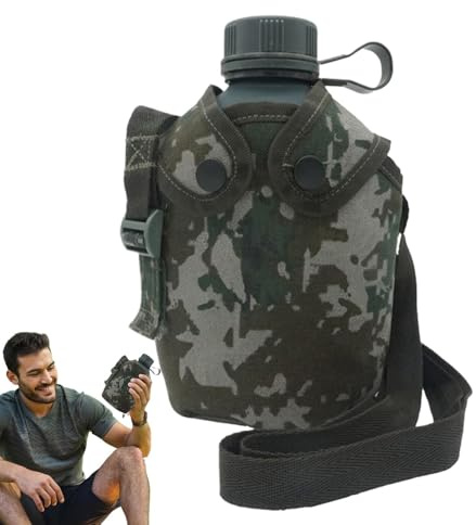 Canteen - Borraccia termica da 1 l, con copertura mimetica, resistente, con cinghia, a prova di perdite, contenitore per escursionismo, campeggio, arrampicata, 20 x 14 x 7 cm