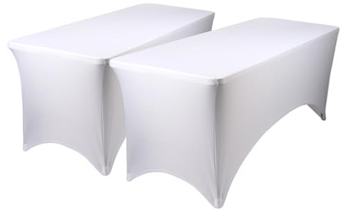 Harbour Housewares Rectangular Spandex Fitted Tablecloths - 6ft (180cm) - White - 2x Elasticated Stretchy Outdoor Garden Folding Display Party Dining Trestle Table Cloth Cover with Stretch