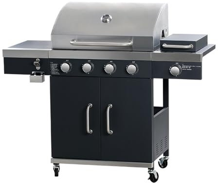 Barbecue a Gas, Barbecue a Gas con bruciatore con griglia scaldavivande, bruciatore Laterale, indicatore di Temperatura, ripiano portaoggetti e Ruote, Portatile,