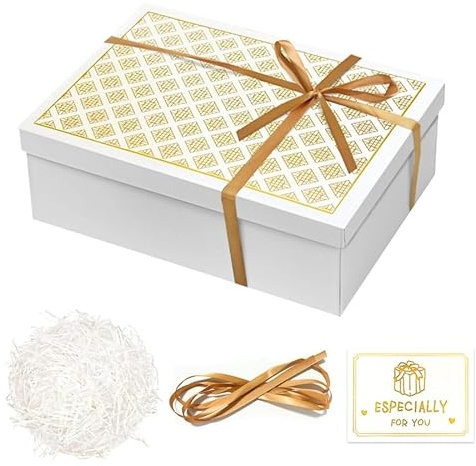 Geschenkbox mit Deckel 25x18x9cm, Geschenkbox mit Schleifen(Weiß, Gold) | Geschenkkarton mit Grußkarten, Raffia Hamper Shreds für Hochzeit Geburtstag Weihnachten, Jahrestag, Ostern
