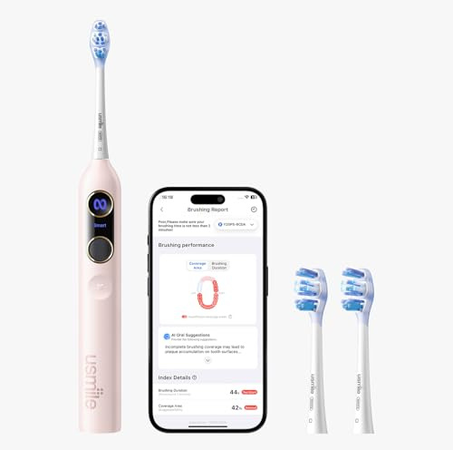 usmile Y20PRO Electric Toothbrush, AI-Powered Smart Toothbrush with AM/PM Auto Mode, 4 Brushing Modes, 90-Day Battery, App Control, Real-Time 3D Map, 2 Brush Heads Included(Sakura Pink)