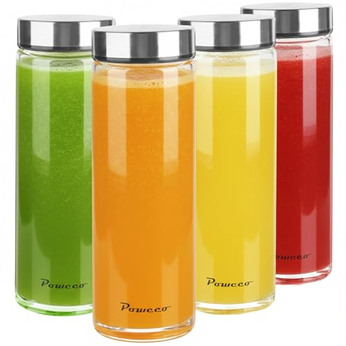 poweco Glass Juice Bottles 4 Pack 20 oz - Wide Mouth Glass Water Bottles with Lids - for Juicing, Protein, Smoothie, Milk, Reusable, BPA Free, Stainless Steel Lids, Blender, Shaker Bottle (600ml)