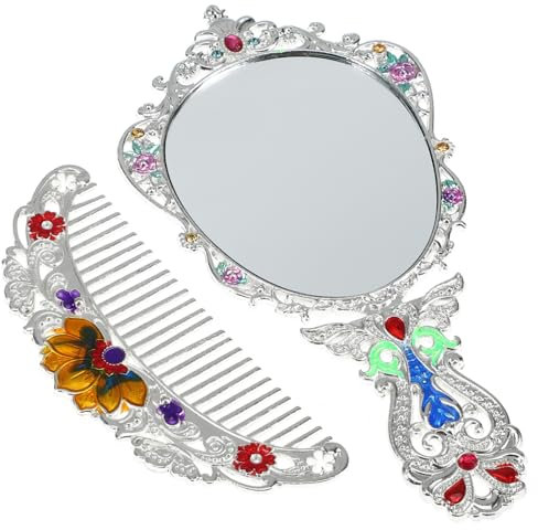 VICASKY Vintage Handspiegel Und Kamm Satz Faltbar Mit Hochauflösendem Spiegelgriff Elegantes Make up Accessoire Für Damen Unterwegs