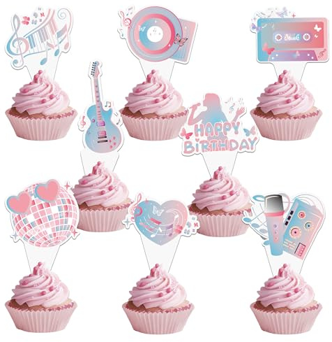 Music Theme Cake Toppers Set - 24 Pcs Super Star Happy Birthday Party Cupcake Toppers Pink Blue Concert Cake Decor For Fans Girl Guitar Disco Themed Celebration Wedding Party Decorations Supplies