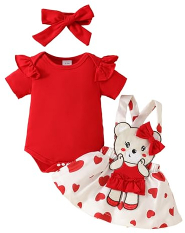 LUVCES Neonata Gonne Set Manica Lunga/Corta con Volant Pagliaccetto Top + Plaid/Orsetti del Cuore Bretelle Abito Estate Autunno Inverno Abiti Completo Bimba