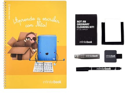 InfiniteBook Caligrafía A4 Starter Kit – Cuaderno Reutilizable para Niños | Aprende a Escribir con Rotulador, Paño y Soporte | Pizarra Blanca Portátil y Educativa | Eco Friendly