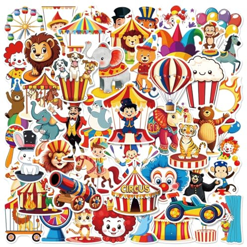 50 Pcs Circus Stickers Laptop Car Scrapbook Phone Skateboard Suitcase Luggage Bike Carnival Vinyl Waterproof Aesthetic Personalised Stickers for Teens Boys Girls Adults
