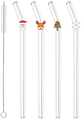 4 Pcs Christmas Cute Glass Straws with Charms | Colorful Clear Reusable Glass Straws Shatter Resistant with Cleaning Brush, Christmas Party Favors