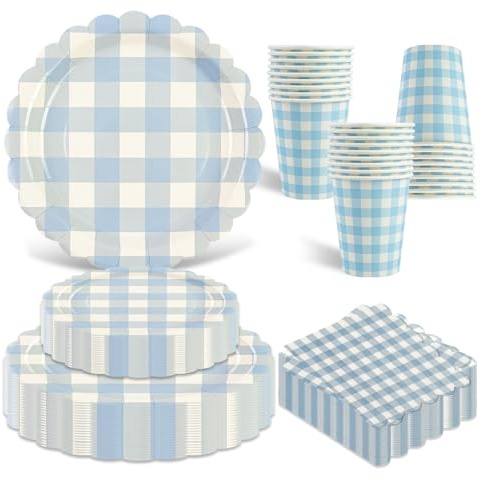 Ensemble de vaisselle festonnée bleu 96 pièces avec assiettes en carton et serviettes, tasses, pailles, vaisselle de fête jetable pour anniversaire, fête prénatale