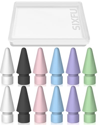 SIXFU 12 farbige Spitzen für Apple-Stiftspitze, kompatibel mit iPad, Stiftspitze mit Schutzhülle für Apple Pencil Pro/USB-C/1. Gen/2. Generation iPencil (weiß, schwarz, rosa, blau, lila, grün)