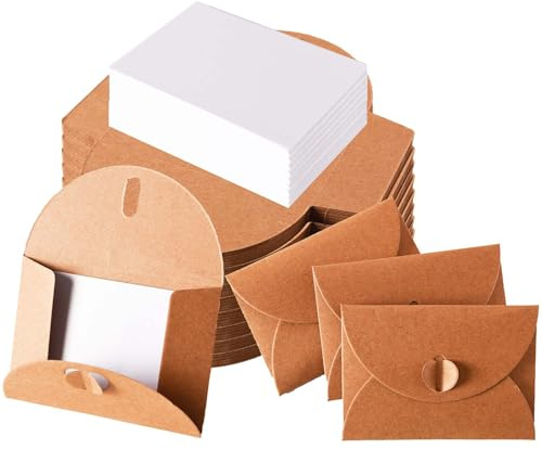 Mini Briefumschläge mit Blanko Karten, Kleine Briefumschläge Vintage Mini Kraftpapier Umschläge mit Herz Verschluss für Geschenkkarten, Party Einladung, DIY Dankeskarte（20pcs）