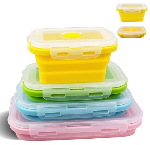 Brynlex 4 Pièces Boite Repas, Boite a Lunch, Boite Bento, Boîte à Déjeuner, Boîtes Bento Pliables en Silicone, Lunch Box Rétractable avec Couvercle pour Travail, Écoles Et Camping (Silicone)