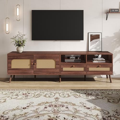 Merax Meuble TV 200 cm pour TV 80 Pouces avec Portes en rotin PE et 2 tiroirs, Buffet TV Moderne avec 8 Pieds, Rangement spacieux, Meuble TV Bas en Bois Brun – 200x37x49,5 cm