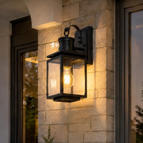 FTL Außenwandleuchte mit Bewegungsmelder, 3 Beleuchtungsmodi Laterne Lampe mit Bewegungsmelder Aussen, Kompatibel mit E27-Sockel, Wasserdichtes Aussenlampe Wand für Terrasse, Haus, Mattschwarz