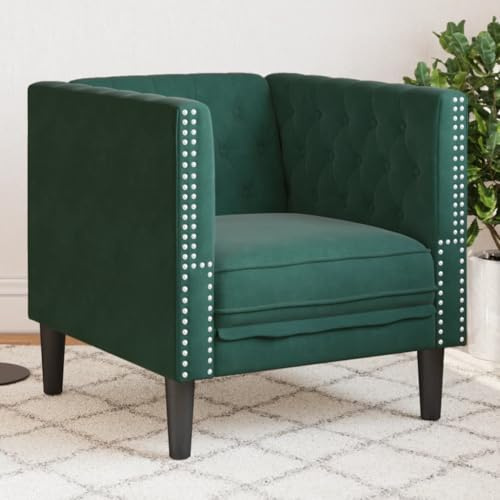 Ordellia Chesterfield-fåtölj, mörkgrön sammet, klassisk klädselfåtölj för vardagsrum, bekväm enkelsoffa med knappfästning, stabila träben, elegant möbel