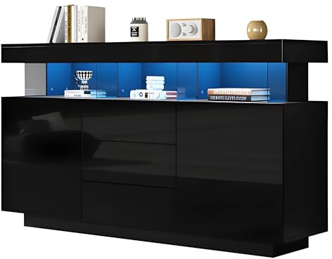 LANTRO JS Sideboard Hochglanz 140cm Breit, Sideboard Wohnzimmer mit 16-farbigem Lichtstreifen, Highboard Geeignet für Wohnzimmer und Flur, 140x35x80cm, Schwarz