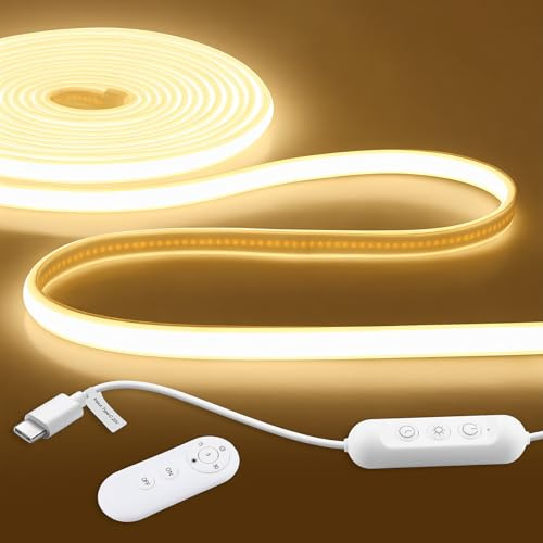 ALITOVE Type-C COB LED Streifen Aussenbereich 5M Warmweiß IR Fernbedienung | Lichtband LED Selbstklebend, Wasserdicht, Dimmbar, 320LEDs/m, für Wohnmobil Camping Büro Spiegel Heimwerker, Ohne Adapter