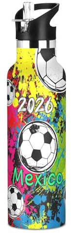 Botella de agua personalizada con estampado de fútbol para niños, botella de agua aislada a prueba de fugas con popote, 20 onzas, sin BPA, 600 ml