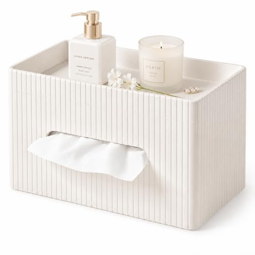 KINGFOM Kosmetiktücherbox aus PU Leder, Rechteckige Taschentuchbox mit Ablage, Moderne Tissue Box Taschentuchspender für Wohnzimmer, Badezimmer & Büro (Cremeweiß)