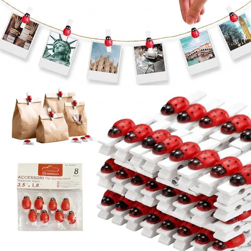 Dorunova Set di Mollettine in Legno Piccole con Coccinelle Decorative - Mini Mollette per Foto, Lavoretti Fai da Te, Segnaposto e Clip Chiudi Sacchetti Cucina 48 Pieces (Modello A)