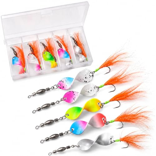 Twist Spoons Forellenköder Set, 5er Pack 4,2g Forellen Spoons UV-Aktiv | mit Rolling Swivels, scharfem Einzelhaken und Feder, Kunstköder Blinker für Forellensee, Bachforelle und Barsch