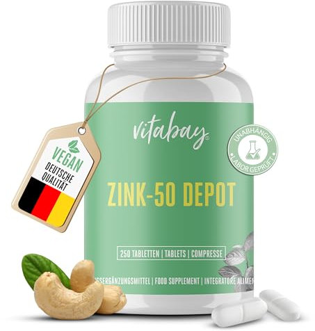 Vitabay Zink 50 mg Hochdosiert – 250 Vegane Tabletten – Zinkgluconat Nahrungsergänzung – Laborgeprüft in Deutschland – Zink Tabletten zur Unterstützung von Immunsystem, Haut, Haaren & Nägeln