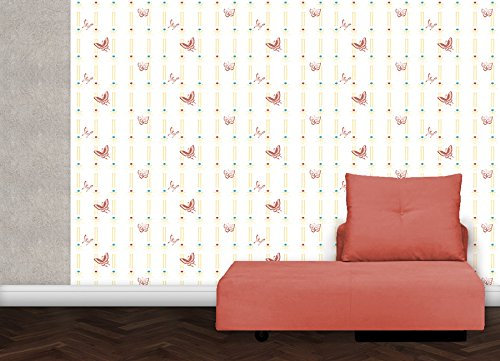 gelbe, fröhliche Streifentapete mit chinesischen Schmetterlingen - Vlies Tapete Streifen Tiere - Klassische GMM Wandtapete für edle Wohnakzente (Höhe 3m Breite 46,5cm)