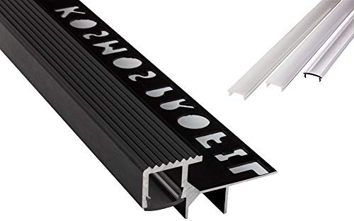T-40 LED Alu Fliesenprofil Treppenprofil Stufen 12mm schwarz + Abdeckung Abschlussleiste Fliesen für LED-Streifen-Strip 2m milky