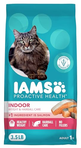 IAMS Proactive Health Dry Cat Food, Indoor Weight and Hairball Care Cat Food Dry Recipe, with Salmon, 3.5 lb. Bag