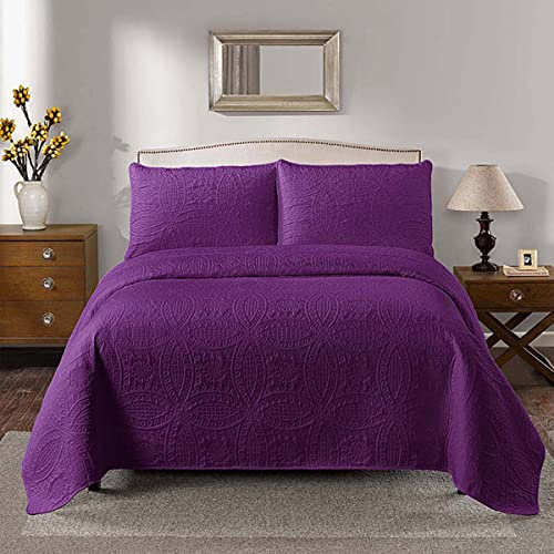 Tagesdecke Baumwolle Polyester Bettüberwurf Patchwork Tagesdecke Gesteppt Bettwäsche 3-tlg Exquisiter Druck Einfacher Nordischer Stil,Lila,106x94inch