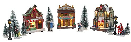 Spetebo LED Weihnachtsdorf mit 9 LED - Set 17-teilig - Weihnachtsstadt Fensterdeko Tischdeko beleuchtet