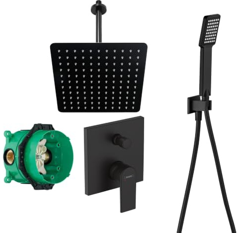 vanvilla Duschsystem Unterputz mit Duscharmatur Hansgrohe schwarz HGS08 | Duscharmatur von Hansgrohe Vernis Shape Einhebelmischer und vanvilla Regendusche Duschkopf eckig, Dusch-SET schwarz matt