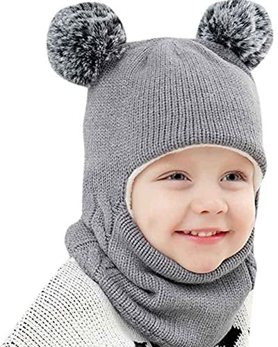 Herbests Warm Mütze und Schal Set für Jungen Mädchen 3-6 Jahre,Bommelmütze Strickmütze mit Pompom Winter Warm Weiches Strickmützen Schlupfmütze Schalmütze Niedlich Beanie Cap Beanie Hut