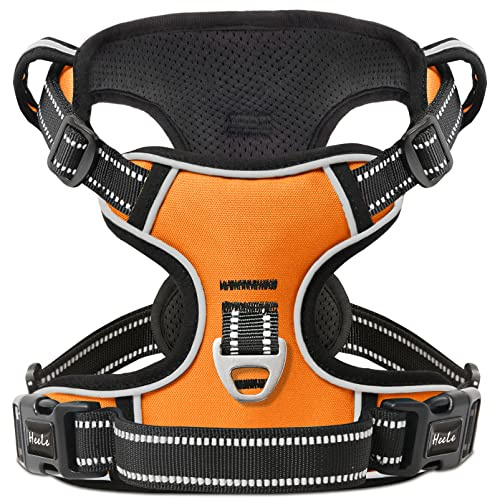 HEELE Hundegeschirr, Geschirr für Große Hunde Anti Zug mit Griff, Orange, L | Hundegeschirr Reflektierend mit Gepolstert Griff, 2 Metallringe, Atmungsaktiv Gepolstert, Schnellverschlüsse