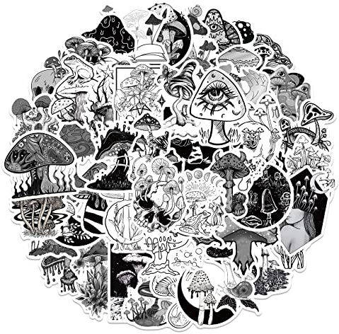50Pcs Black and White Gothic Mushrooms Stickers Laptop Scrapbook Phone Computer Skateboard Stickers Vinyl Waterproof Aesthetic Personalised Stickers for Teens Boys Girls Adults Children