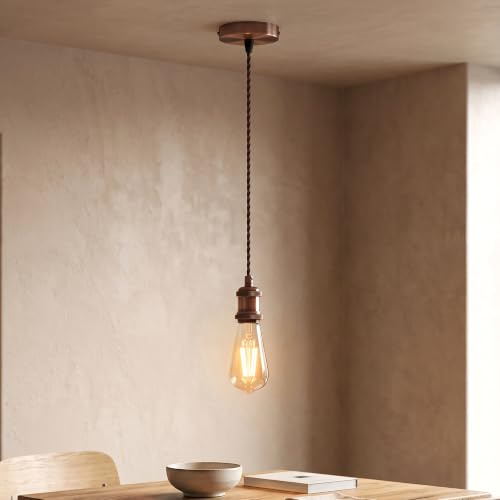 LEDSone Vintage Copper E27 Pendant Light Fitting | Warm copper finish with adjustable braided cable ideal for kitchen islands, dining rooms, bars and loft interiors.