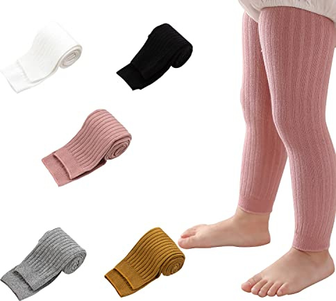Juebm 3/5Packs Collant per neonata a maglia a cavo leggings senza piedi calze in cotone solido per neonato 0-4T, Confezione da 5 senza piedi assortiti, 12-24 Mesi