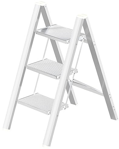 Aluminium 3 Step Ladder Folding Stool-330lb Capacity Ladders with Anti-Slip Wide Pedal Portable Kids/Adults, Lightweight Ladder, Portable Multi-use Scene for Home/Kitchen/Office/Garden/Yard