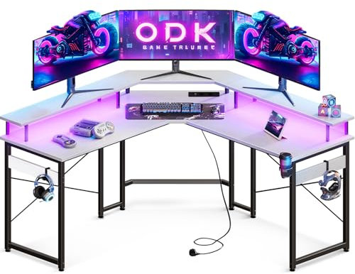 ODK Gaming Tisch mit 2 Steckdosen und 2 USB Ladeanschluss, Gaming Schreibtisch mit LED, Eckschreibtisch Weiß mit großzügiger Monitorablage, Computertisch für Gaming und Home Office, 129x129 cm
